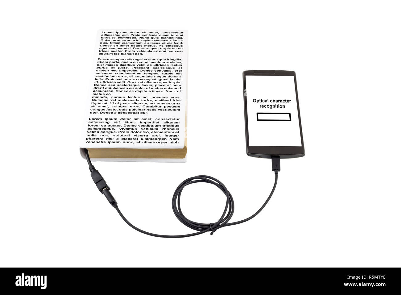 Book connected to a smartphone through an USB cable. Optical character recognition loading bar. Stock Photo