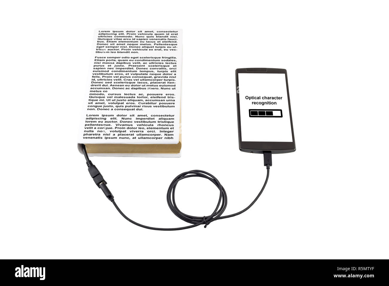 Book connected to a smartphone through an USB cable. Optical character recognition loading bar. Stock Photo