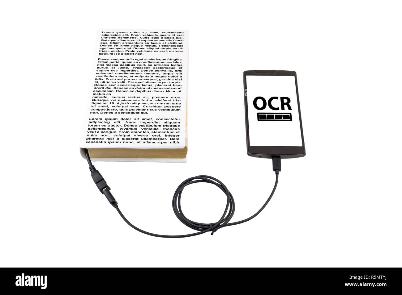 Book connected to a smartphone through an USB cable. Optical character recognition loading bar. Stock Photo
