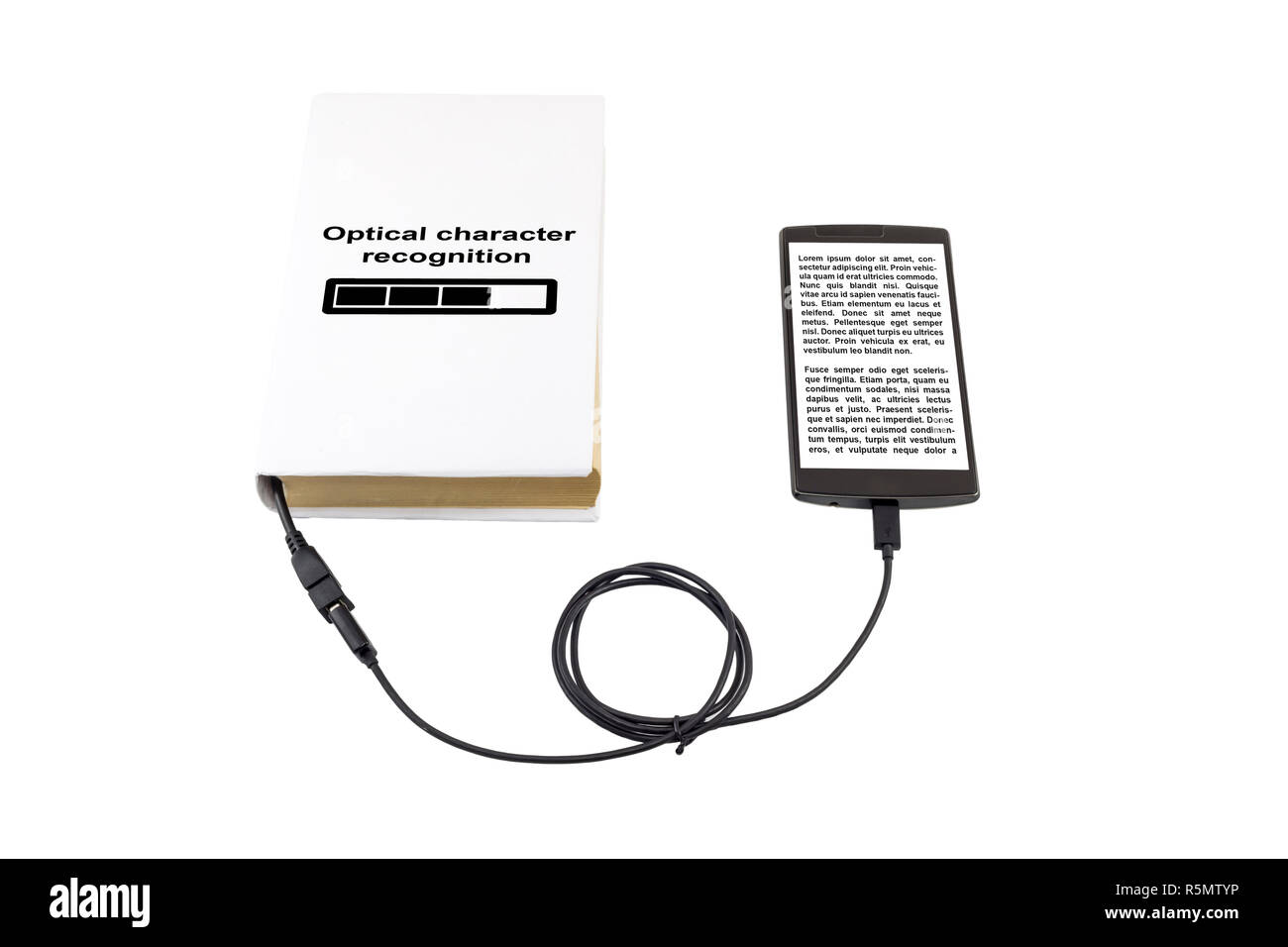 Book connected to a smartphone through an USB cable. Optical character recognition loading bar. Stock Photo