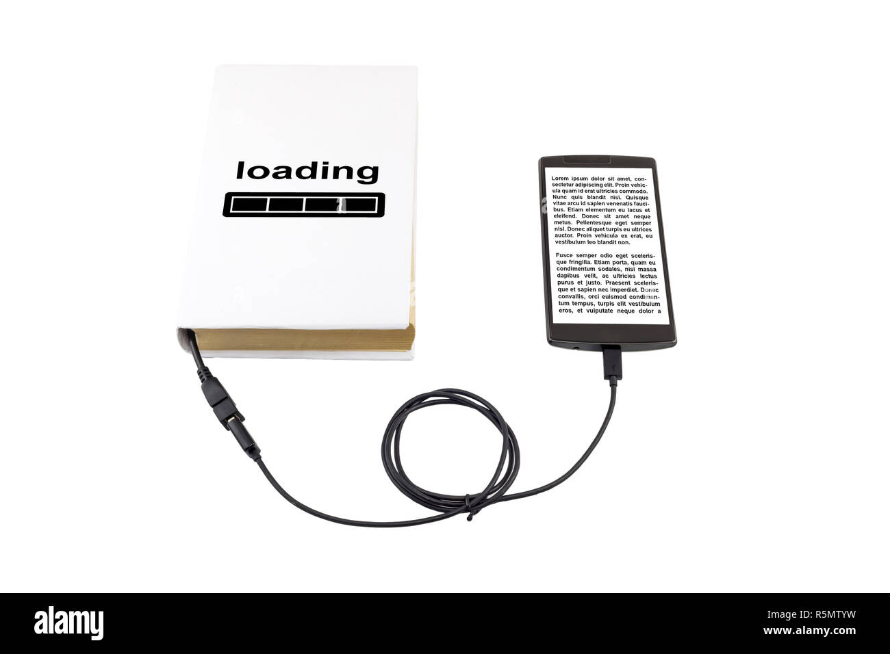 Book connected to a smartphone through an USB cable. Optical character recognition loading bar. Stock Photo