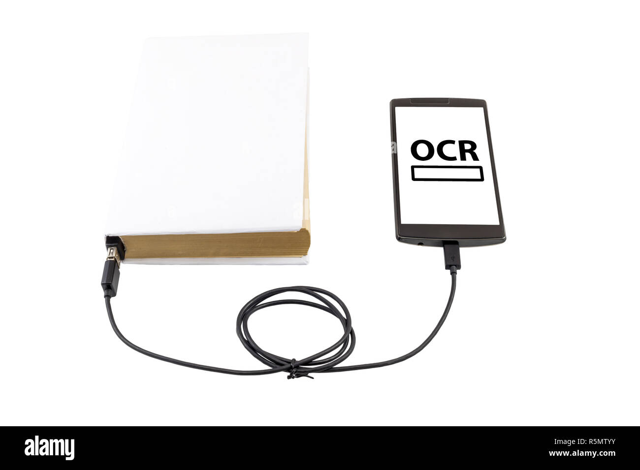 Book connected to a smartphone through an USB cable. Optical character recognition loading bar. Stock Photo
