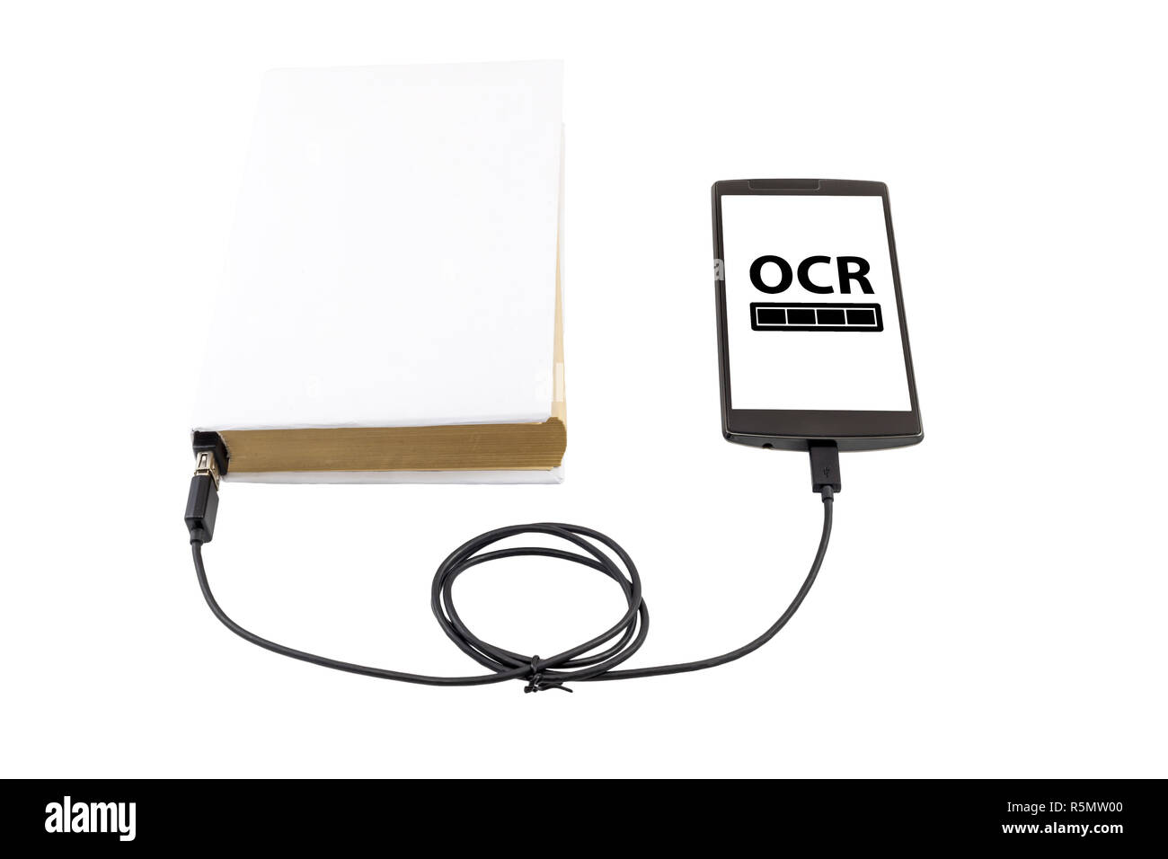 Book connected to a smartphone through an USB cable. Optical character recognition loading bar. Stock Photo