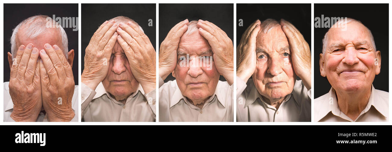Portrait of an elderly man with face closed by hands Stock Photo