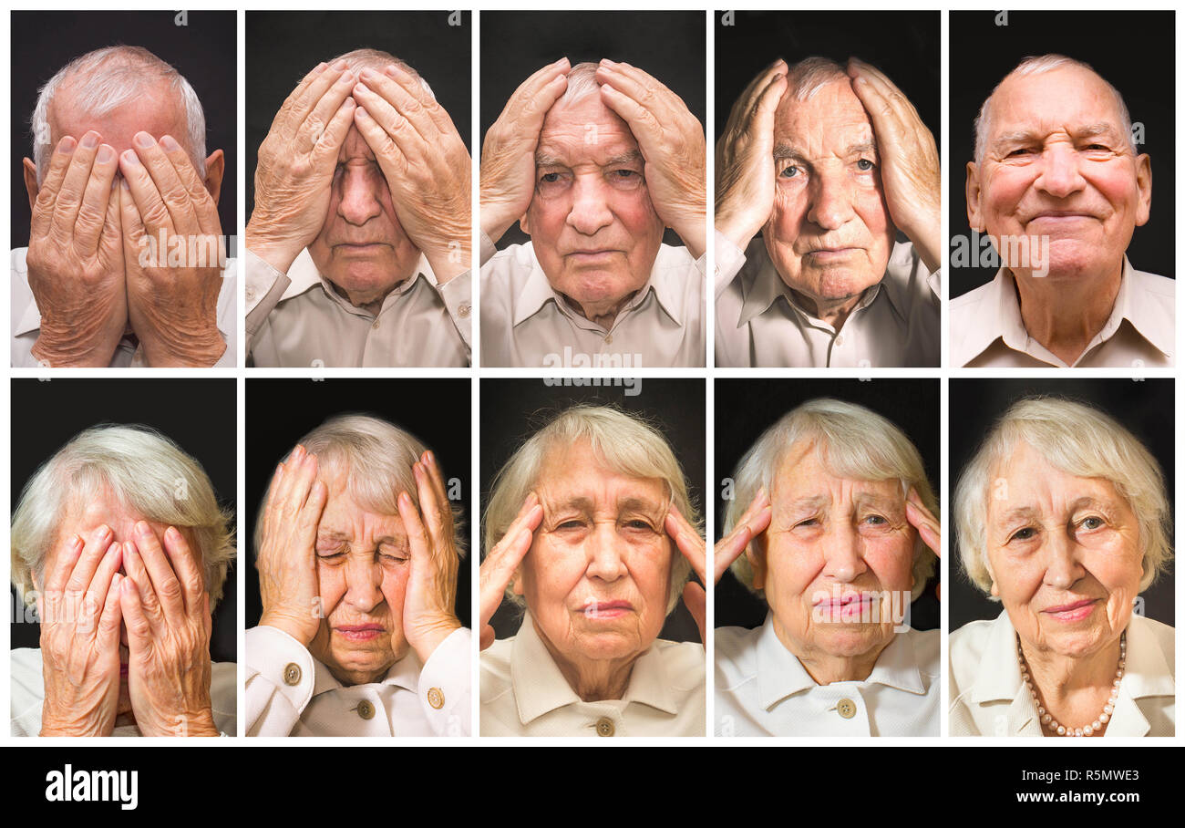 Portrait of an elderly man and woman with face closed by hands Stock Photo