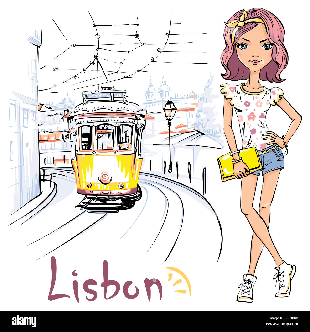 Girl and yellow 28 tram, Alfama, Lisbon, Portugal Stock Photo