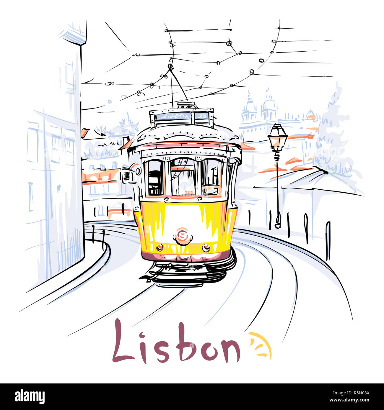 Yellow 28 tram in Alfama, Lisbon, Portugal Stock Photo