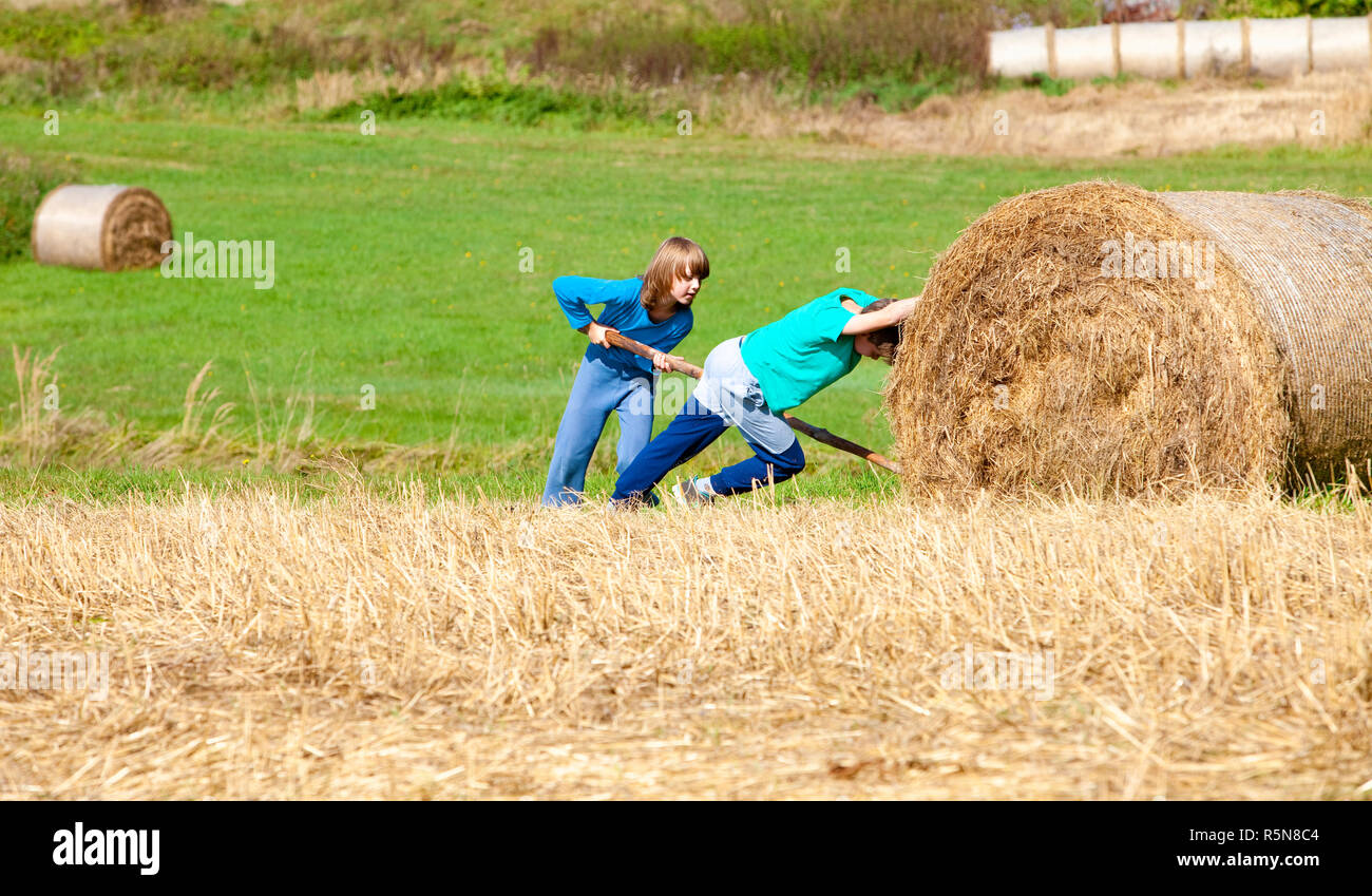 Two Boys Moving Bale of Hay with Stick as a Lever Stock Photo Alamy