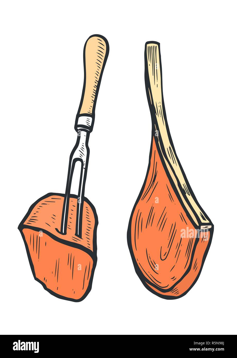 Pieces of pork meat illustration, drawing, engraving, ink, line art