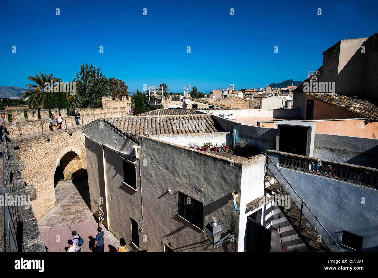 A view of the old town and town walls in Alcudia, Mallorca Stock Photo