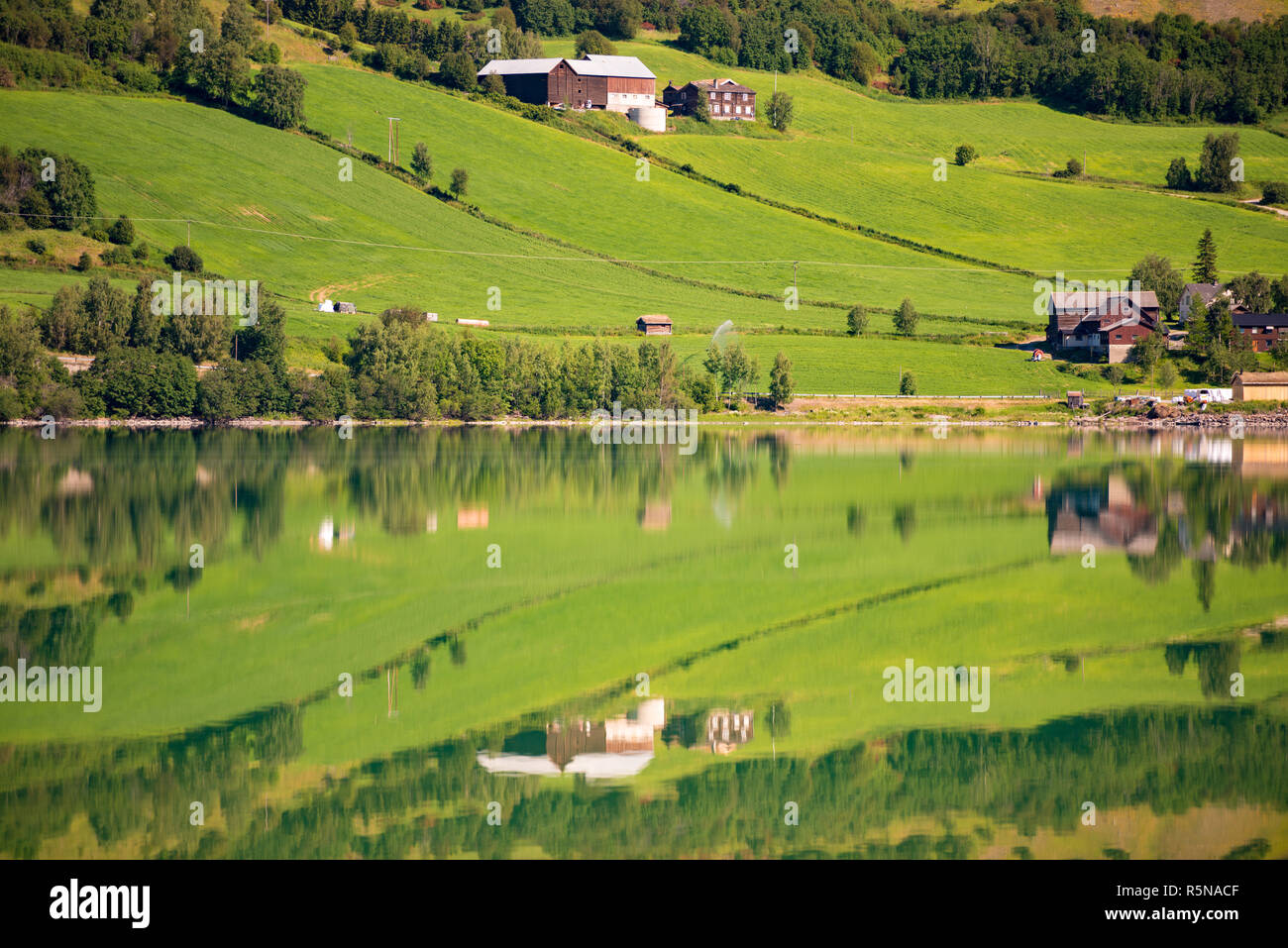 Norway Country Houses Lake And Meadows Stock Photo Alamy