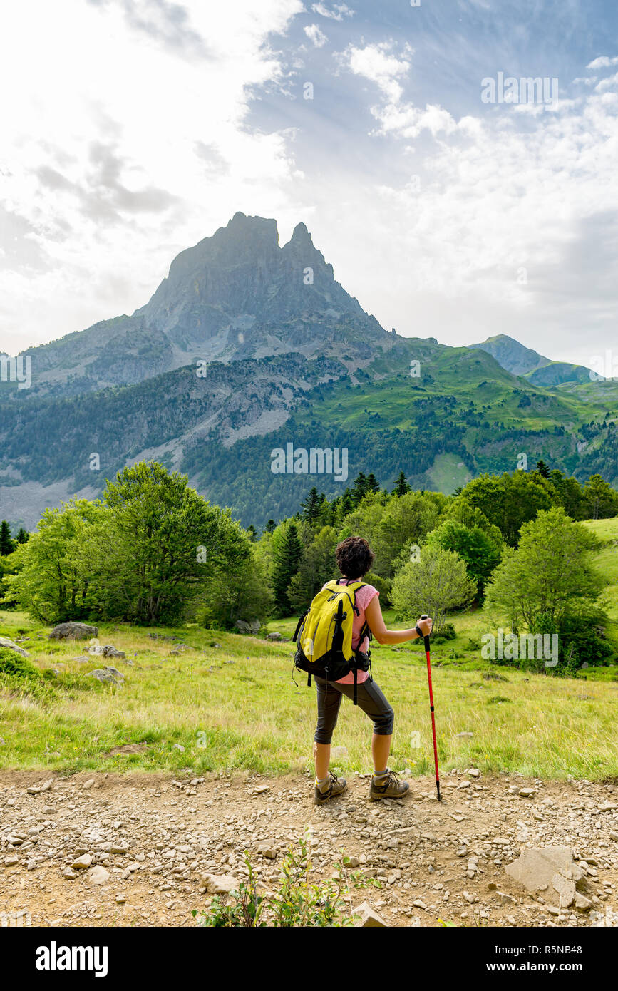 woman hiker with Pic du Midi d'Ossau in the French Pyrenees Stock Photo ...