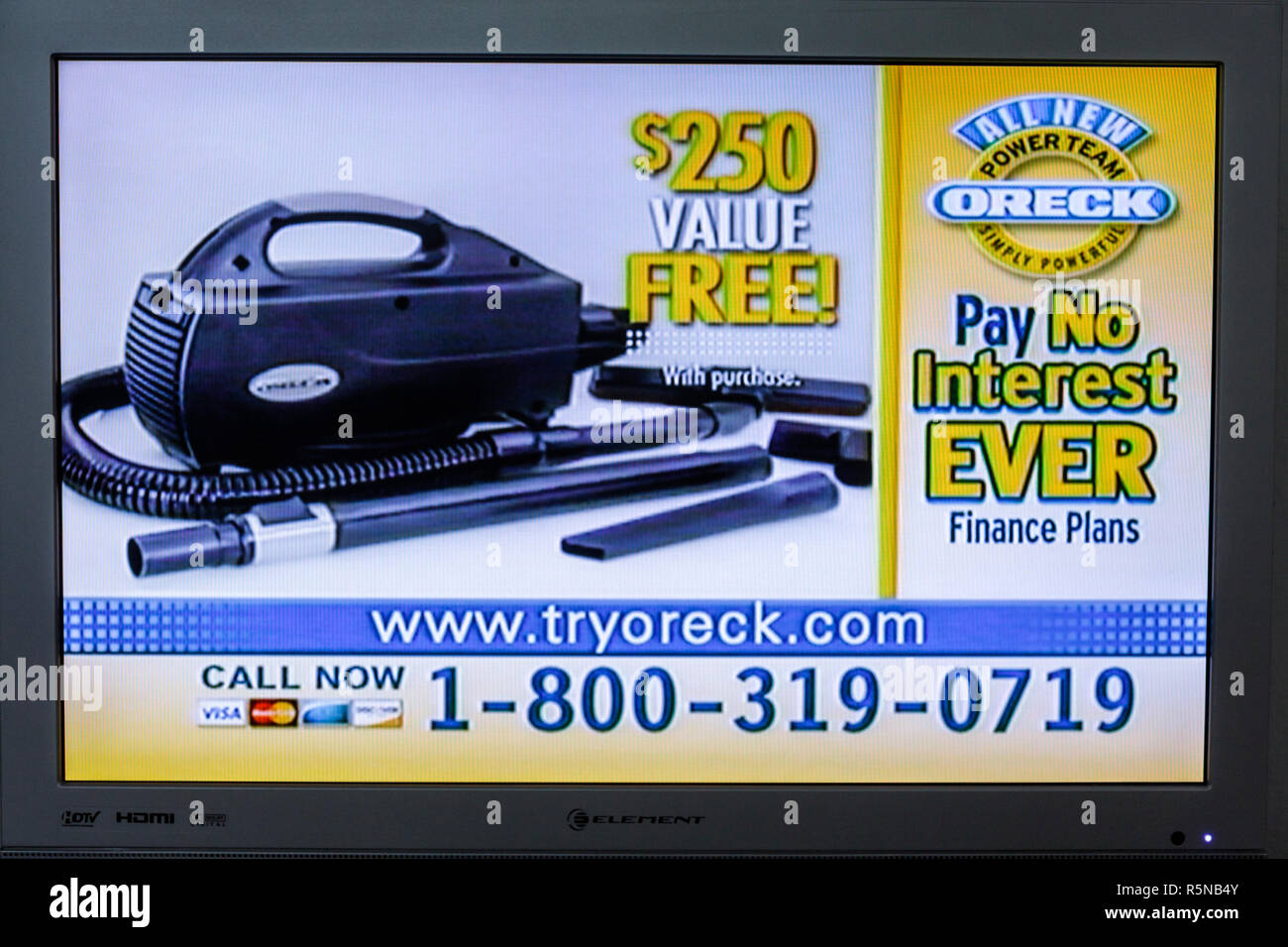 Miami Beach Florida,flat panel TV,television,set,screen shot,media,advertisement,ad,commercial,infomercial,Oreck,vacuum cleaner,1 800,selling,sell,FL0 Stock Photo