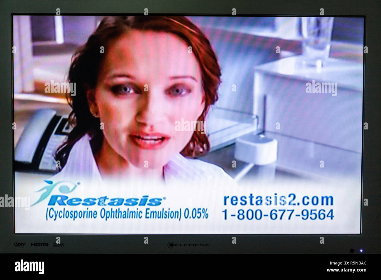 Miami Beach Florida,flat panel TV,television,set,screen shot,media,advertisement,ad,commercial,selling,sell,Restasis,prescription eye drops,ophthalmic Stock Photo