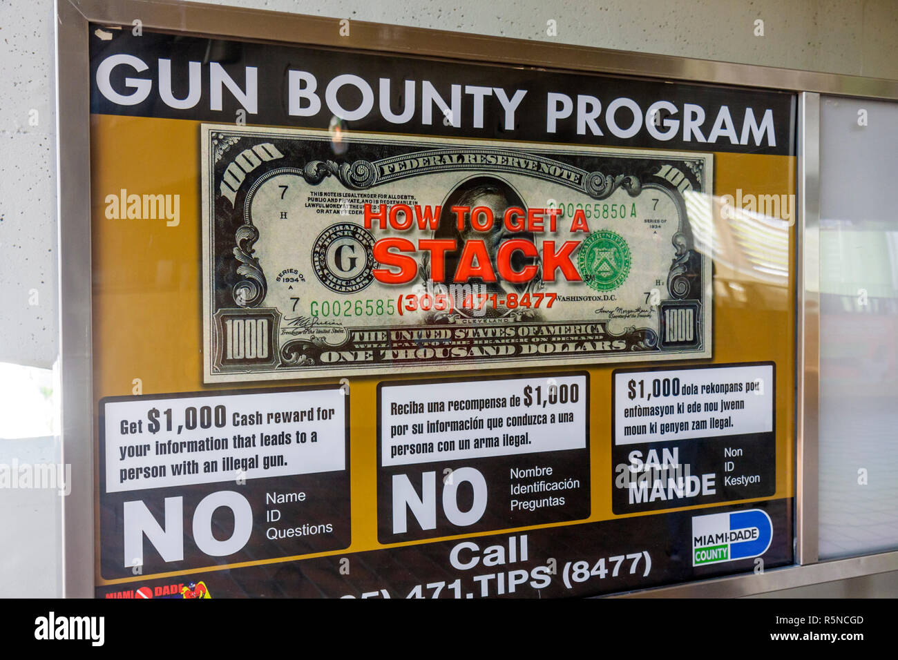 Miami Florida,Allapattah Metrorail Station,bulletin board,announcement,gun bounty program,reward,anonymous tip,illegal guns,firearms,incentive,FL09092 Stock Photo