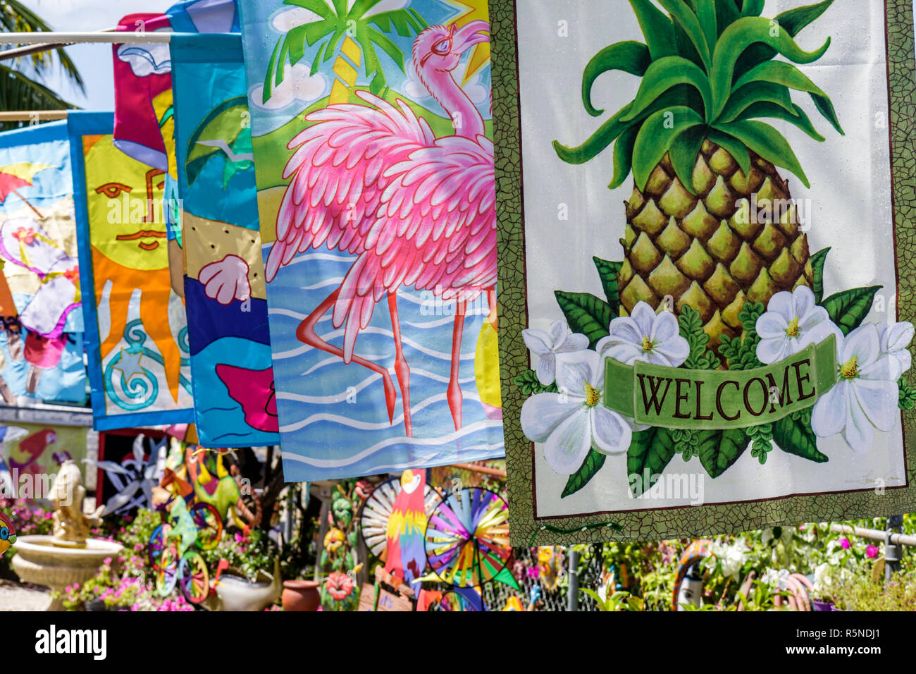 Florida Florida Keys,Tavernier,US highway Route 1,Overseas Highway,Plantation Key Nursery,garden decor,interior design,banner,flag,pineapple image,wel Stock Photo