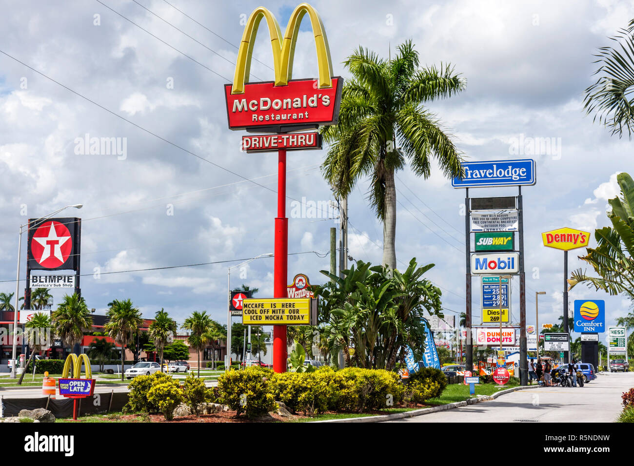 Miami Florida,Florida City,US highway Route 1,South Dixie Highway,roadside business,gas station,restaurant restaurants food dining cafe cafes,motel,Mc Stock Photo