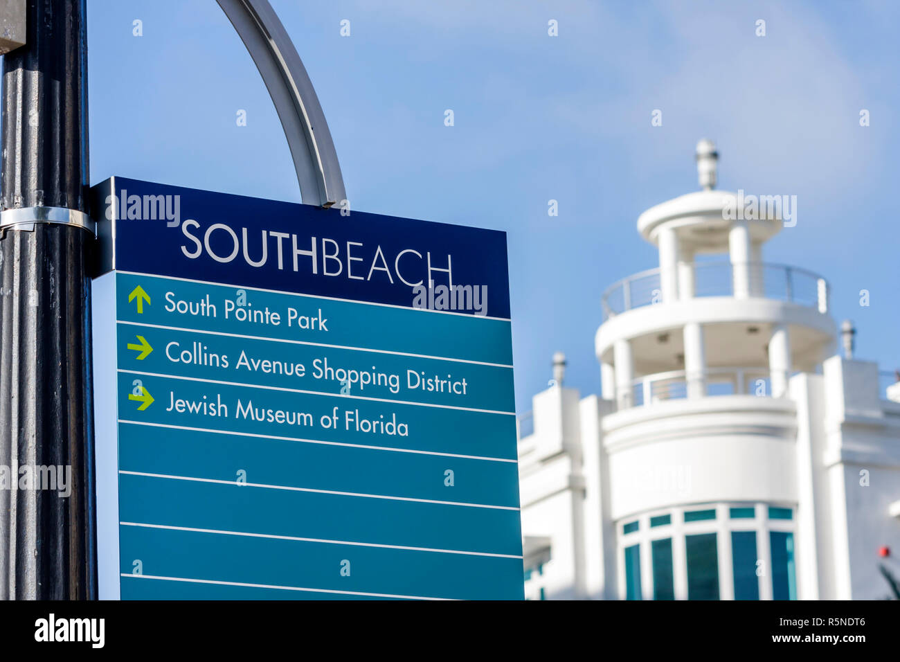 Miami Beach Florida,Ocean Drive,sign,sign,directions,location,public information,branding,image,South Pointe Park,Point,Collins Avenue,shopping shoppe Stock Photo