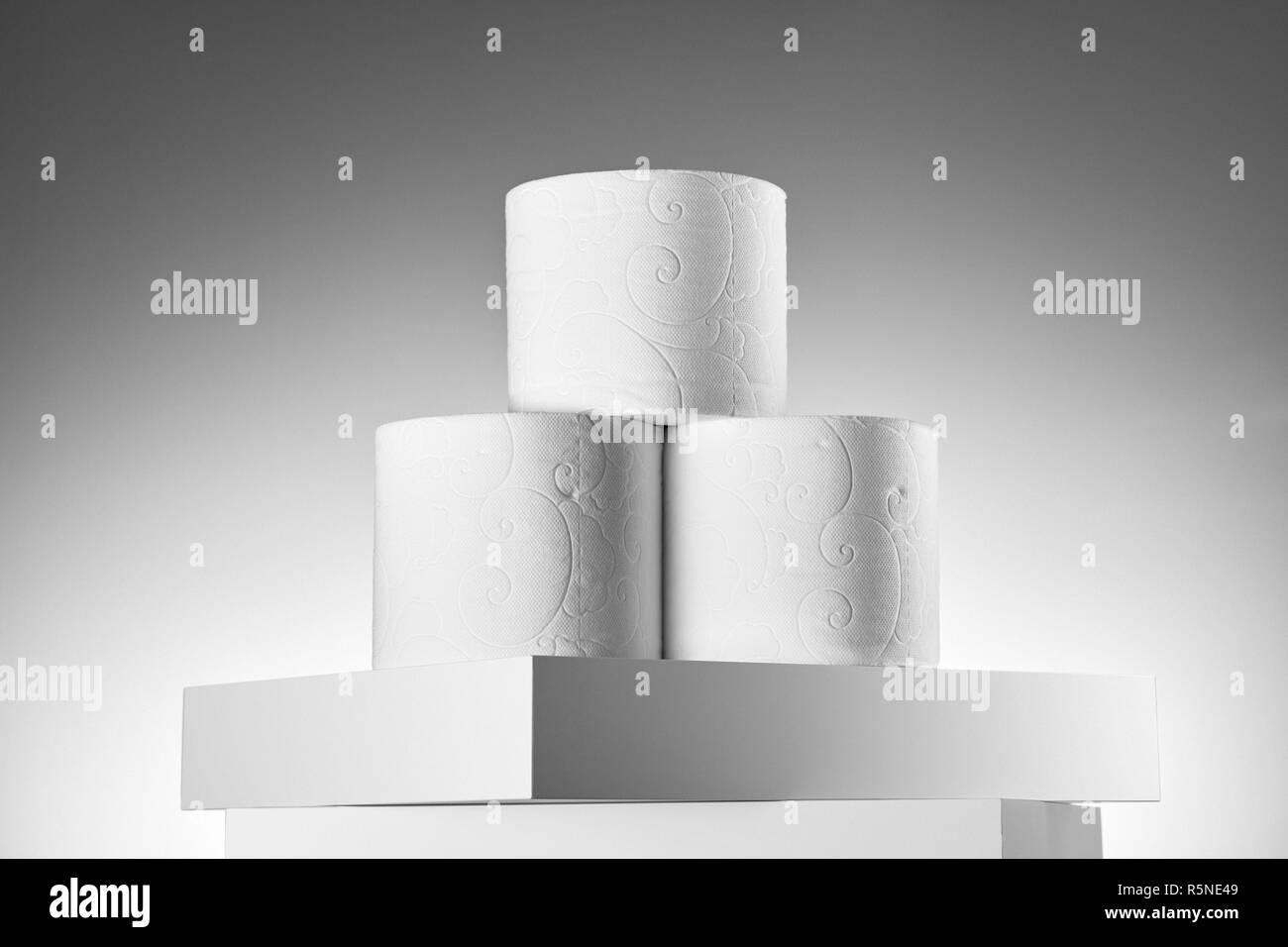 Soft white toilet paper rolls on white background. Elegant studio shoot