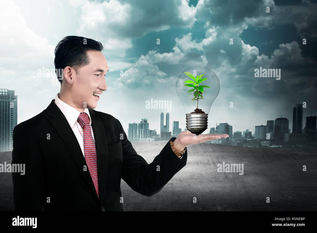 Business person holding light bulb with plant inside Stock Photo - Alamy