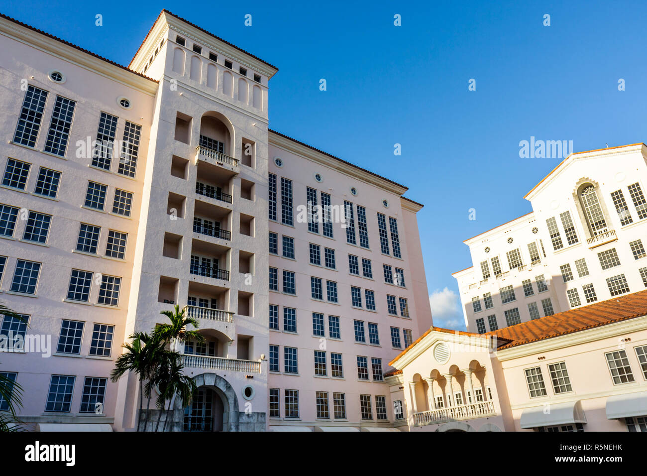 Miami Florida,Coral Gables,Hyatt Regency,chain,lodging,hotel,building,outside exterior,front,entrance,Mediterranean style architecture,barrel tile roo Stock Photo