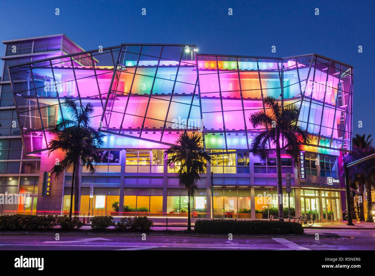 Miami Beach Florida,5th Fifth Street,dusk,evening,night,Collins  Avenue,buildings,traffic lights,time-exposure,light show,visitors travel  traveling tou Stock Photo - Alamy