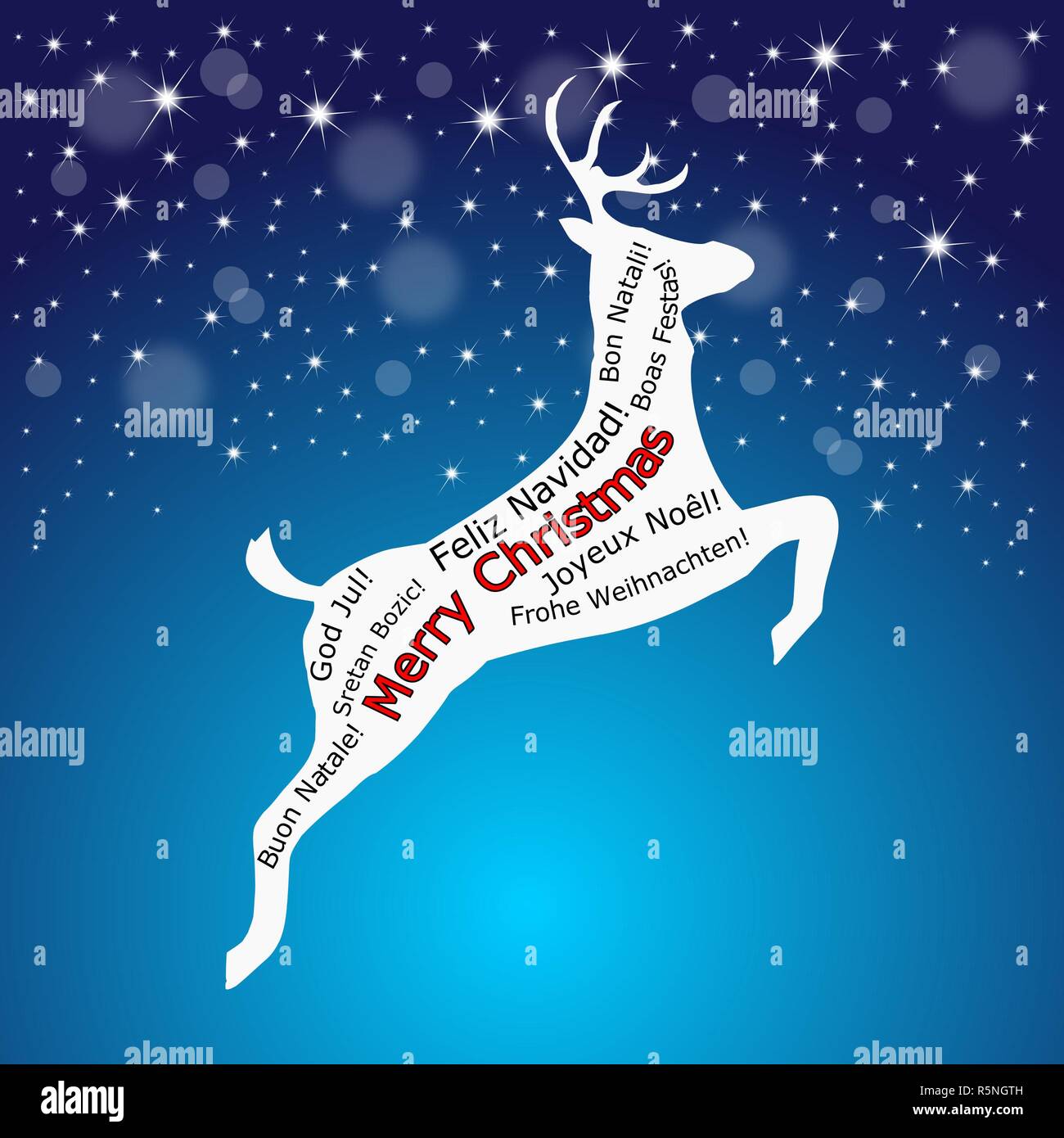 Merry Christmas wordcloud on a reindeer on glossy blue background - illustration Stock Photo