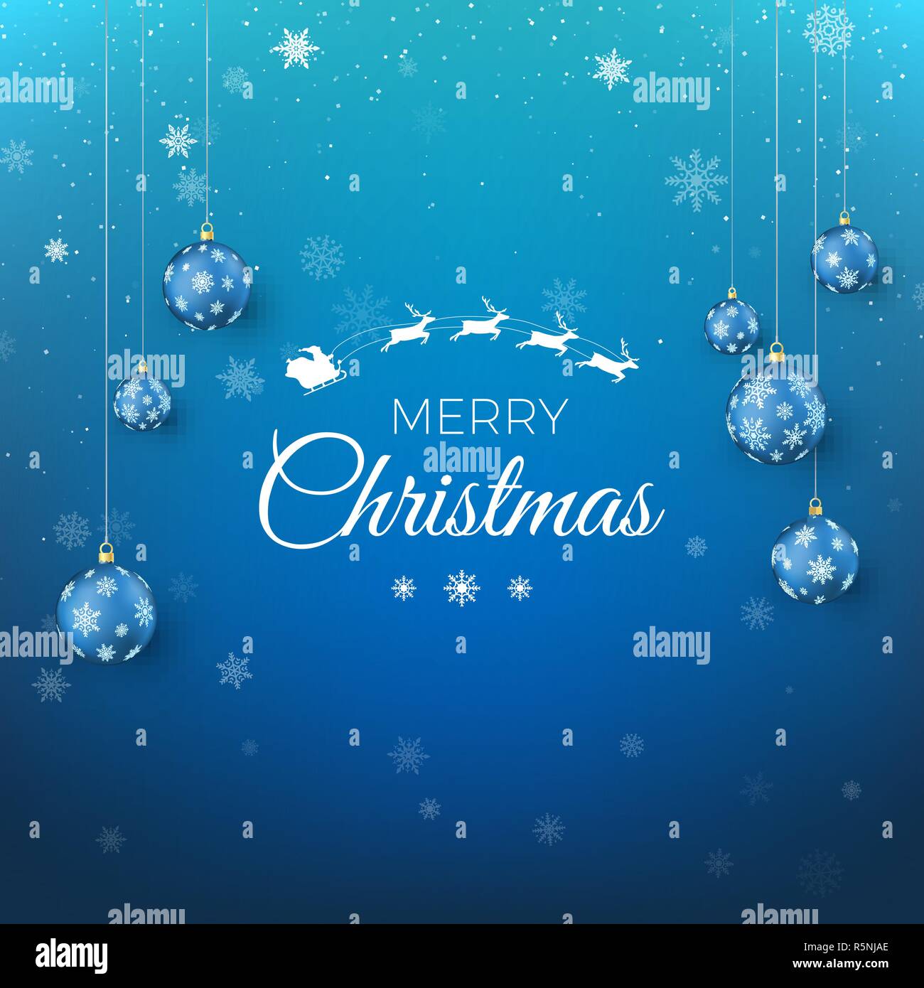 Merry Christmas greeting card. Santa Claus fly in sky and greeting text. Blue background with snowflakes decorated by Christmas balls. Vector illustra Stock Vector