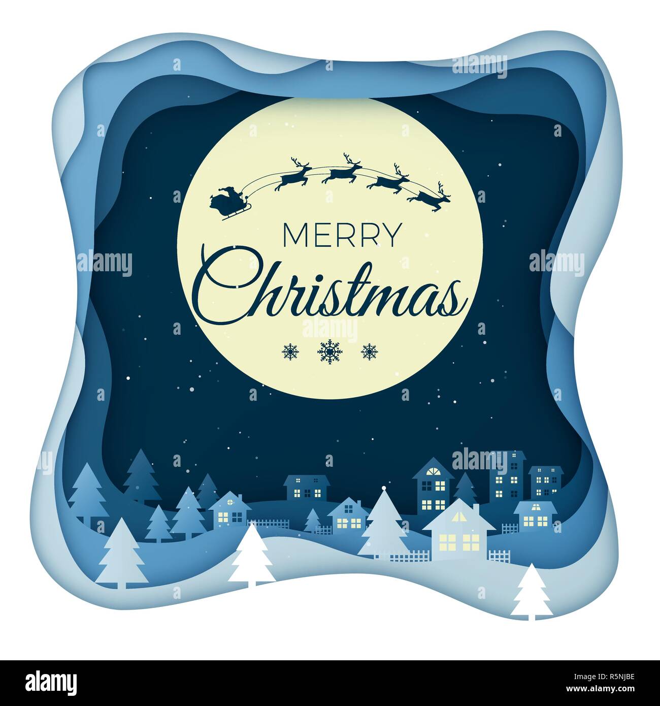 Flying Santa on night sky and Moon in city town scenery in the winter with homes and snowy hills. Winter holiday design paper art and crafts. Christma Stock Vector