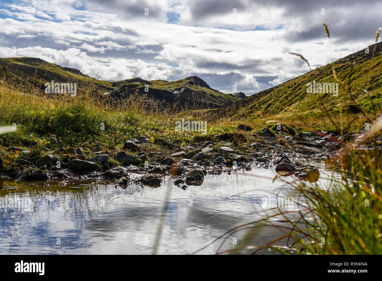 A Glaciel River runs through an Icelandic Landscape. Stock Photo