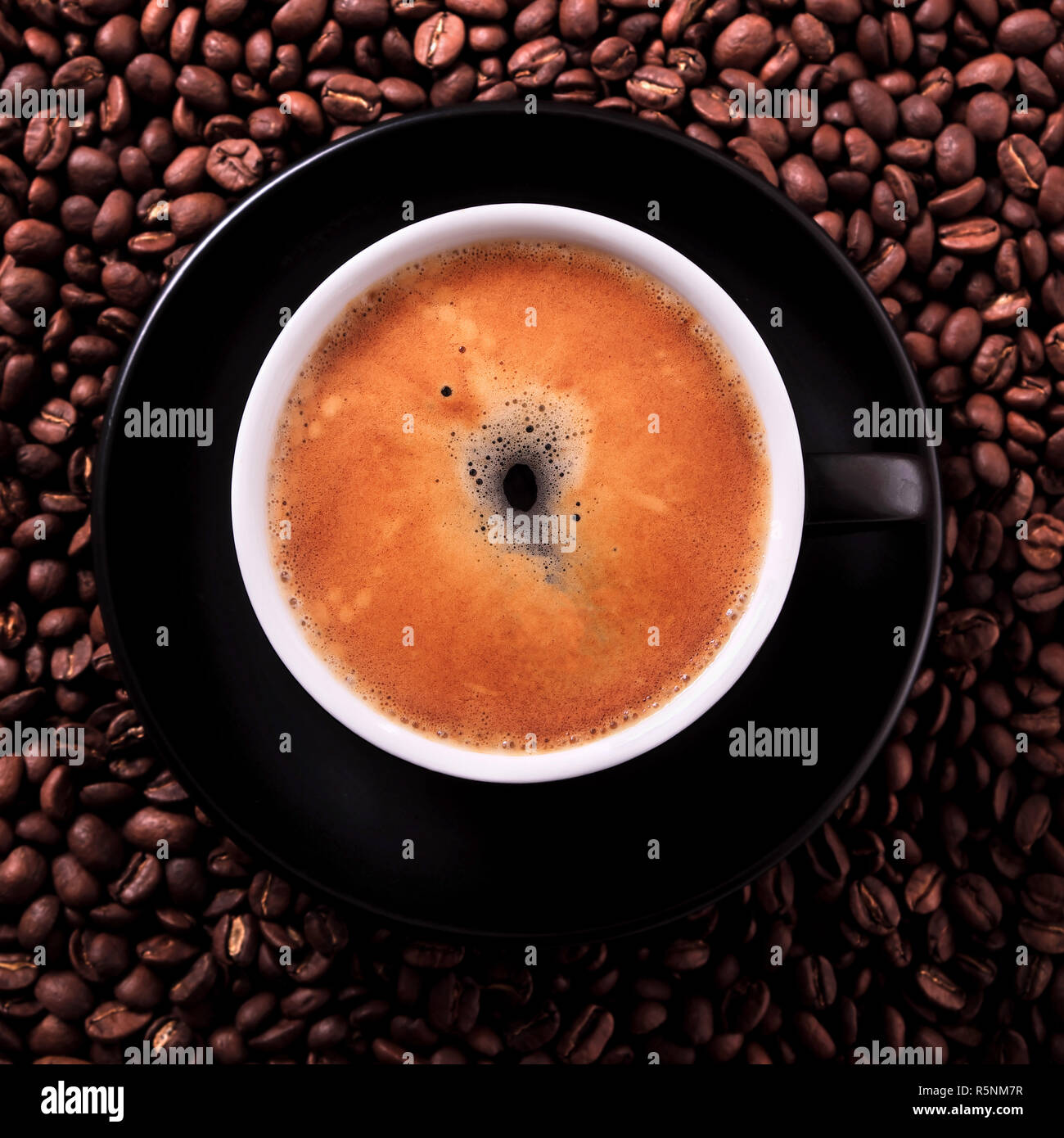Black coffee cup hot espresso closeup top view square Stock Photo