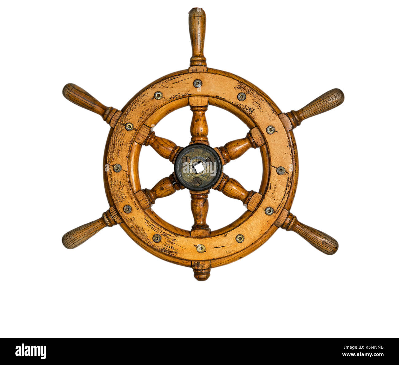 Old ship vintage, wooden steering wheel isolated on white background ...