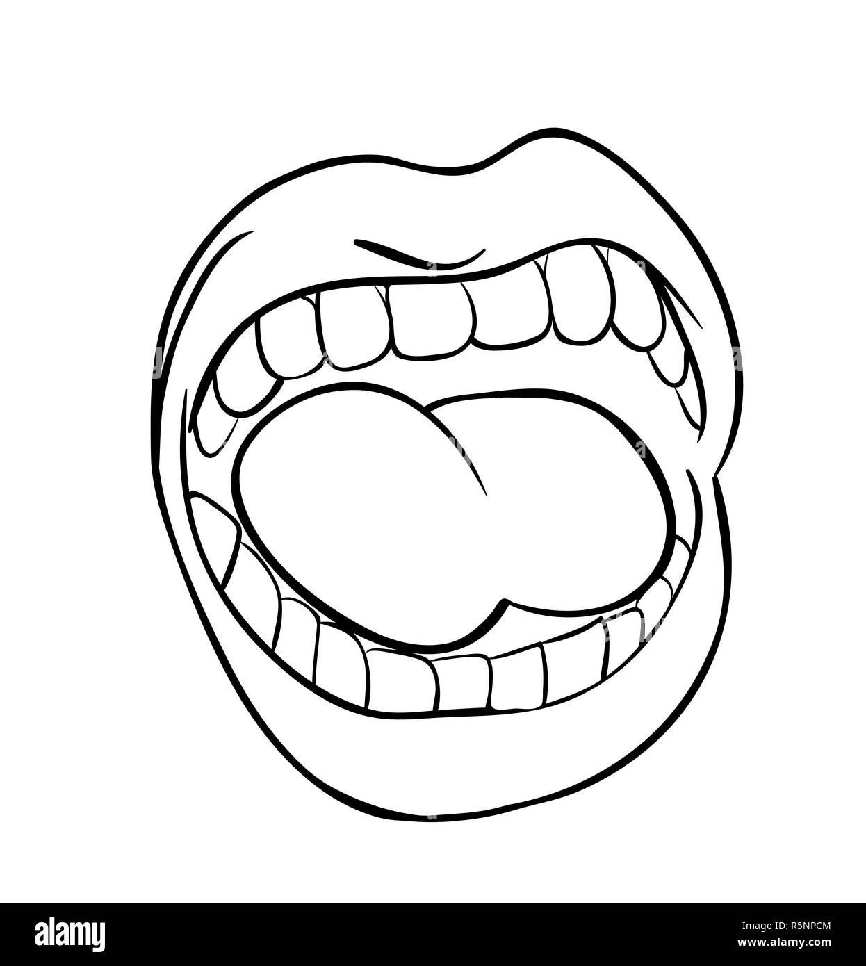 shouting lips with teeth and tongue cartoon outline vector symbol icon design. Beautiful illustration isolated on white background Stock Photo