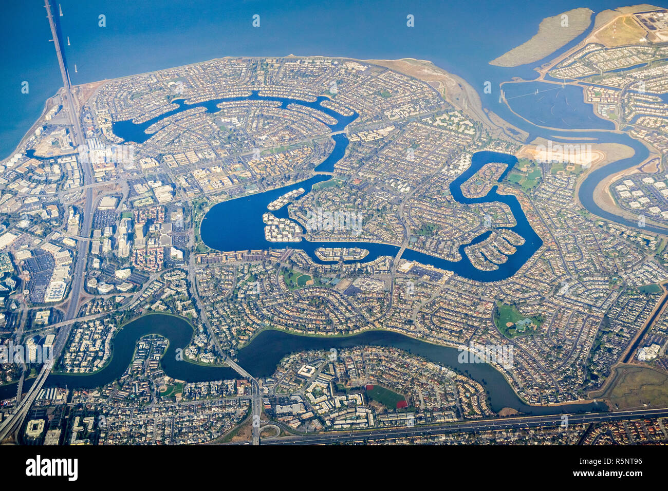 Aerial view Foster City,  a planned city located in San Mateo County, San Francisco bay, California Stock Photo