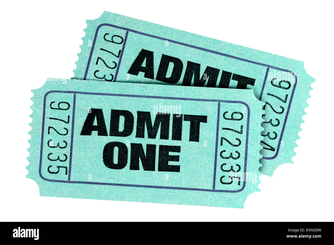 Two green admit one movie tickets isolated on white background. Stock Photo