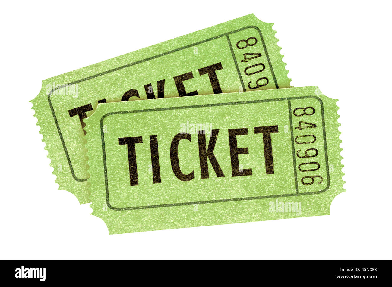 Two green movie tickets isolated white background. Stock Photo