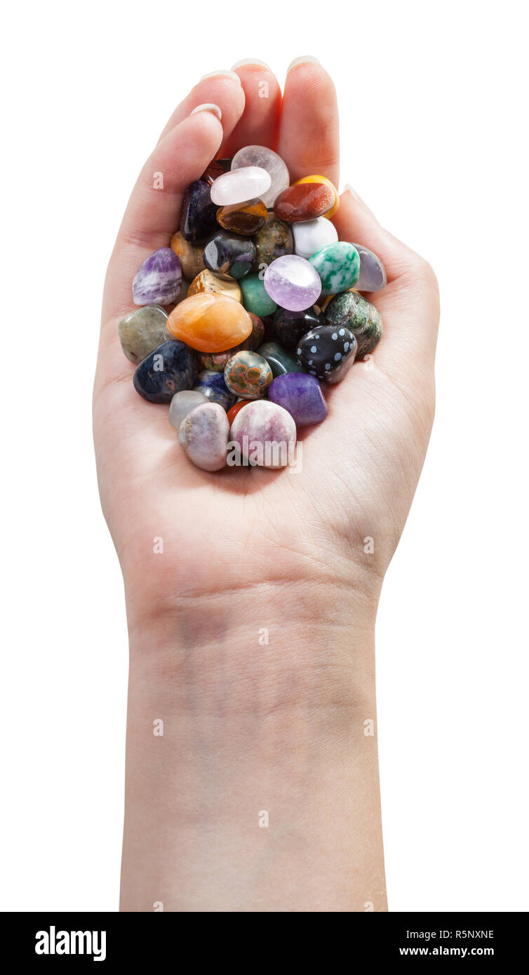 above view of palm with various gemstones Stock Photo