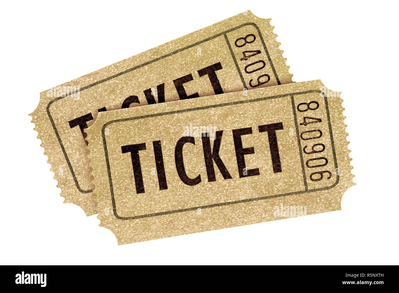 Two old vintage movie tickets isolated white background. Stock Photo