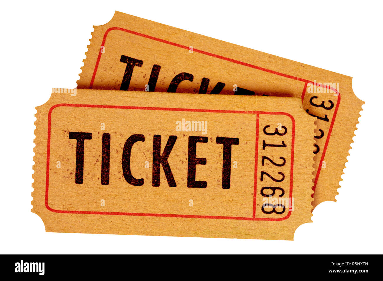 Two old movie tickets isolated white background. Stock Photo