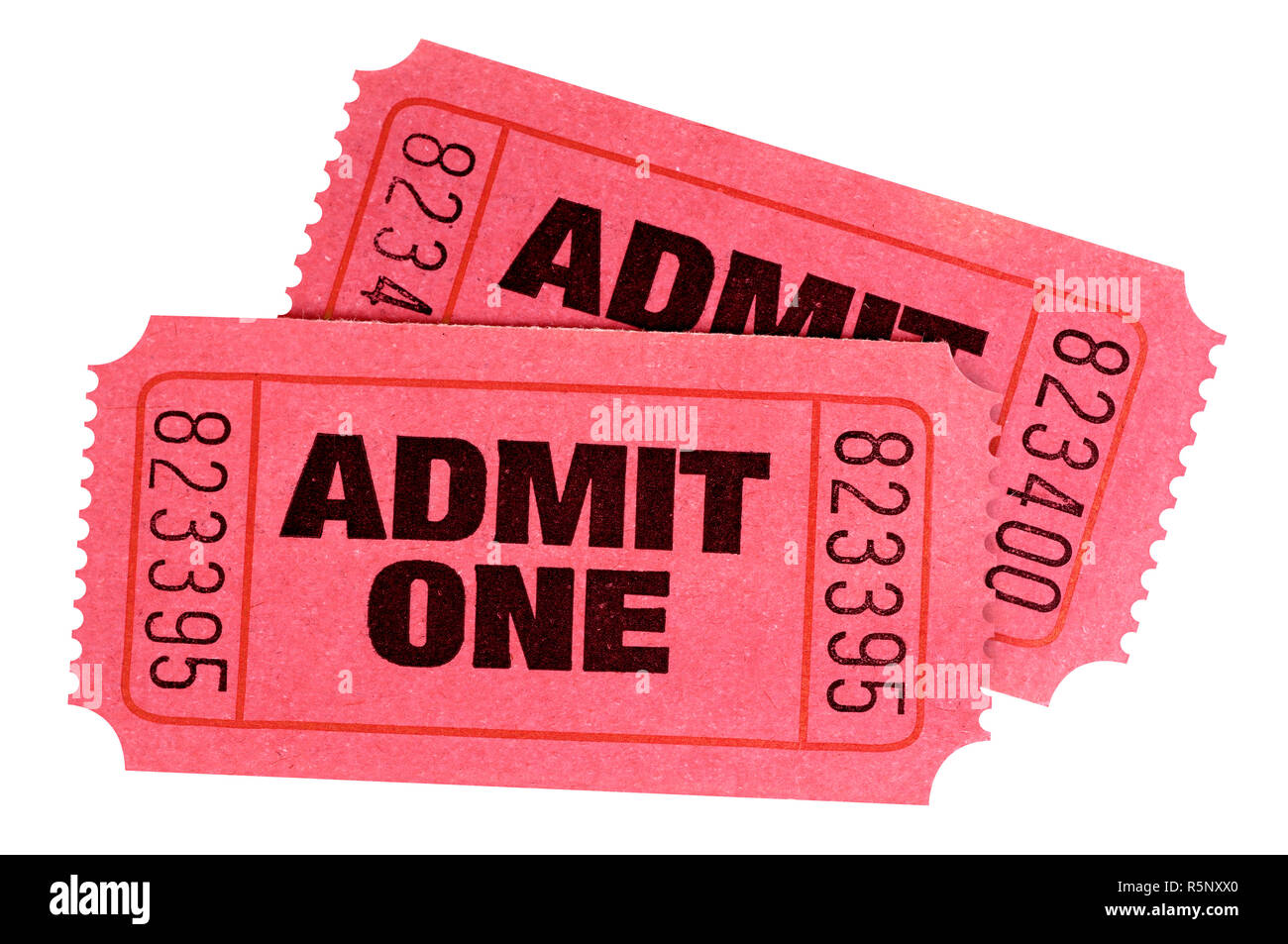Two red admit one tickets isolated white background. Stock Photo