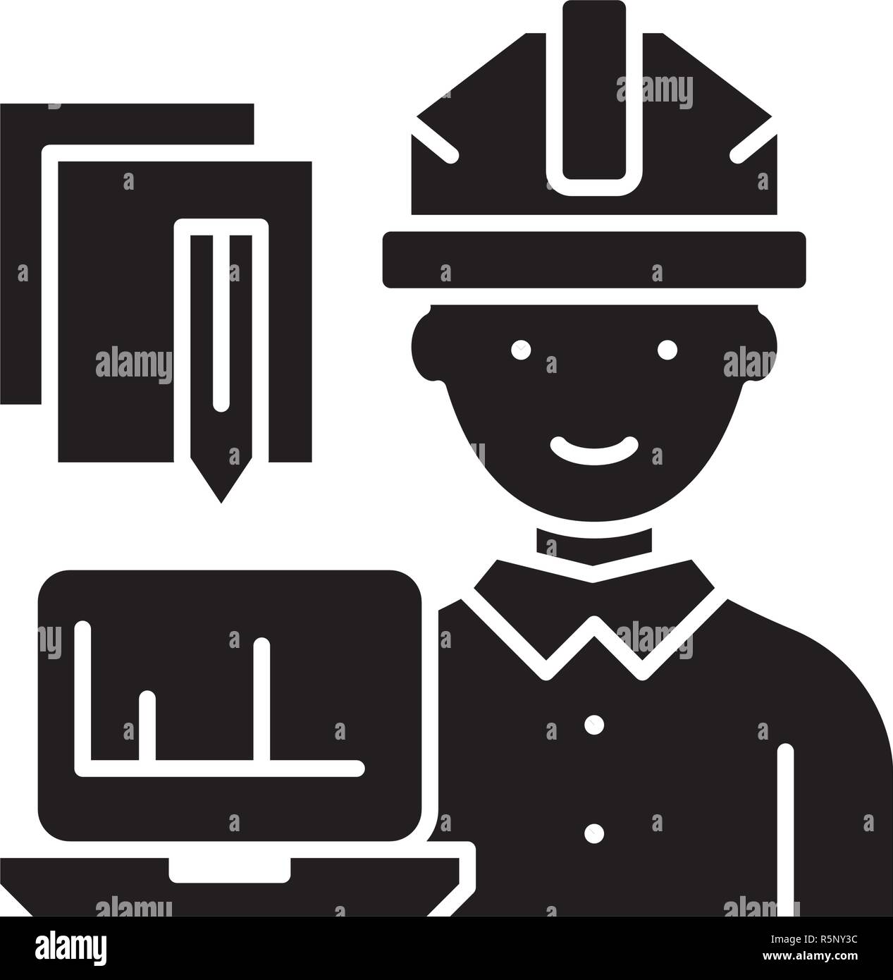 Engineer and computer black icon, vector sign on isolated background ...