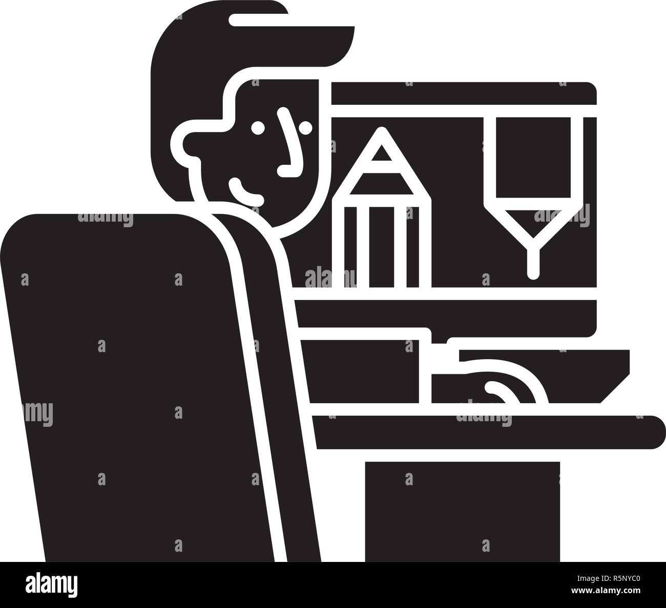 Designer at work black icon, vector sign on isolated background ...