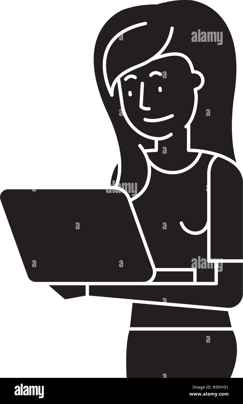 Girl with laptop black icon, vector sign on isolated background. Girl ...