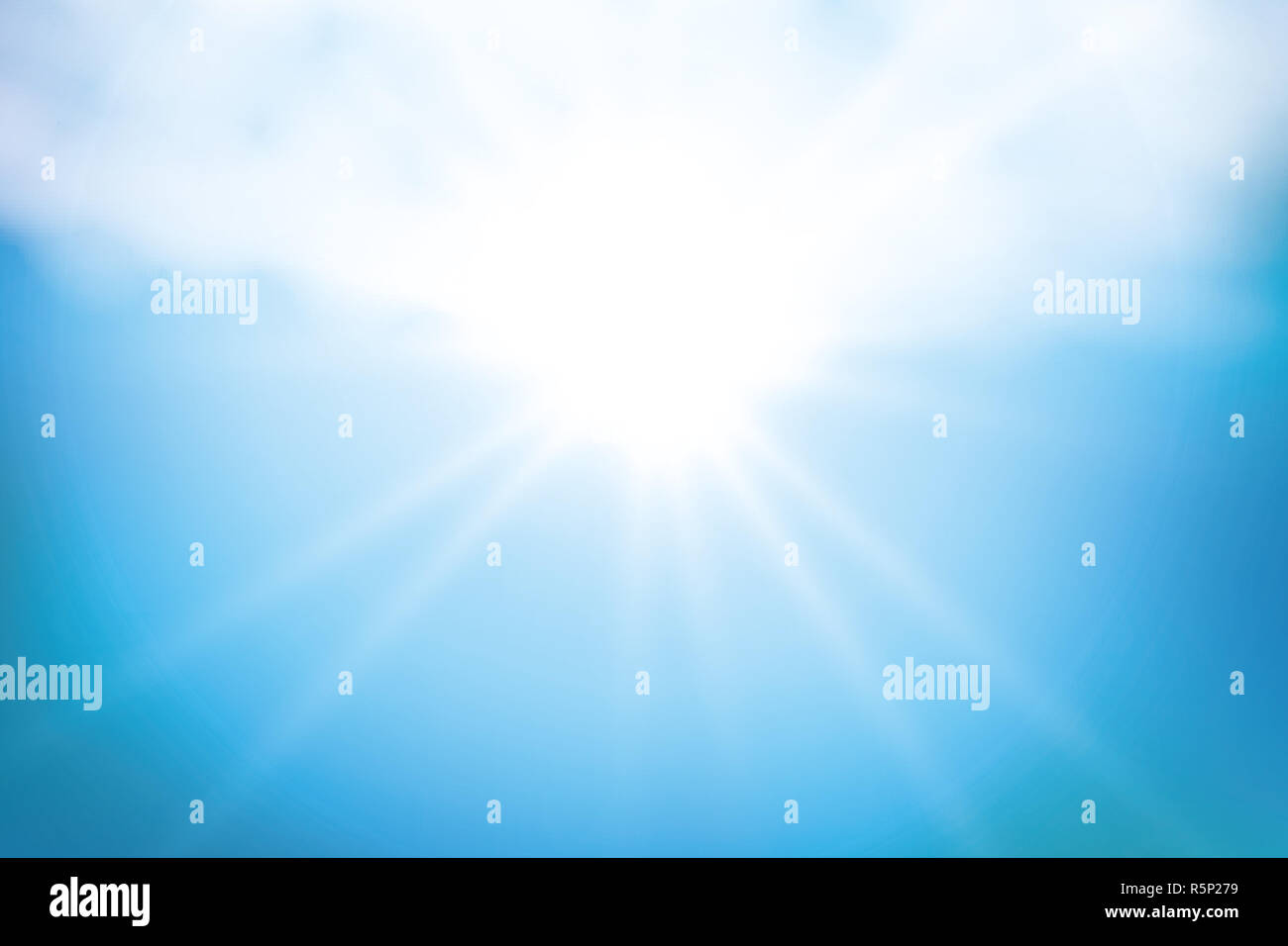 Realistic shining sun with lens flare. Blue sky with clouds background ...