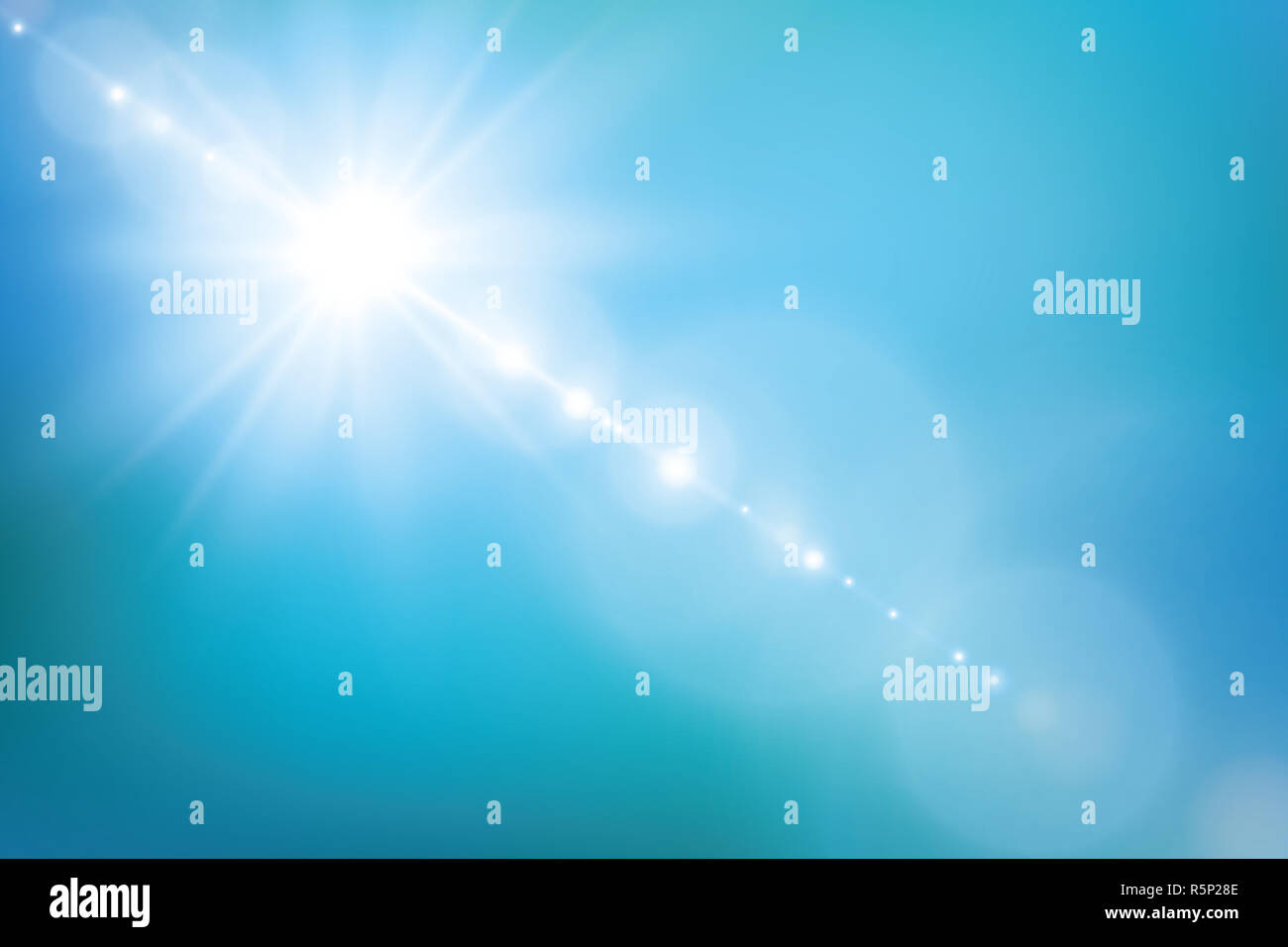 Realistic shining sun with lens flare. Blue sky with clouds background ...