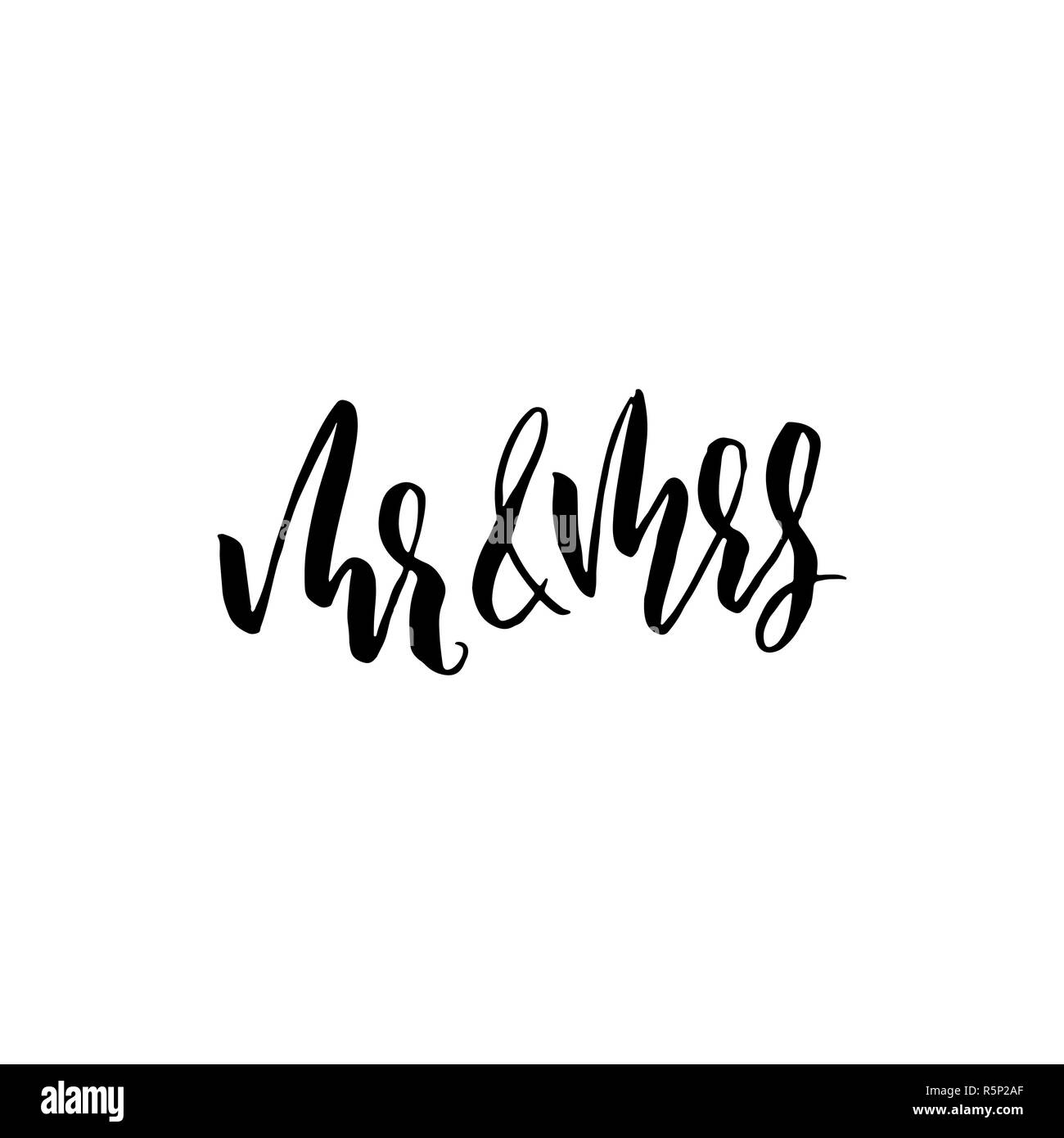 Mr and Mrs. Modern brush pen lettering. Wedding template. Bride and groom card. Vector
