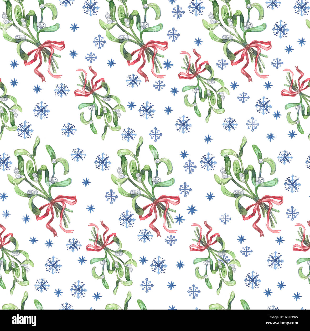 Watercolor Christmas seamless pattern with mistletoe and snowflakes ...