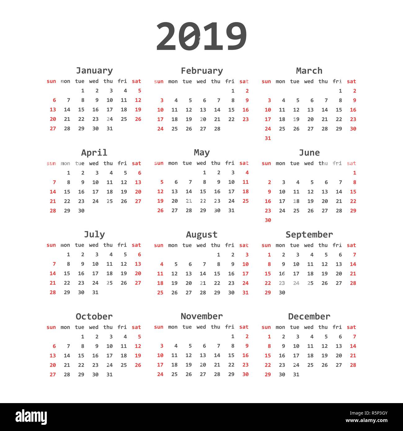 Calendar 19 Year In Simple Style Calendar Planner Design Template Agenda Monthly Template Business Vector Illustration Stock Vector Image Art Alamy