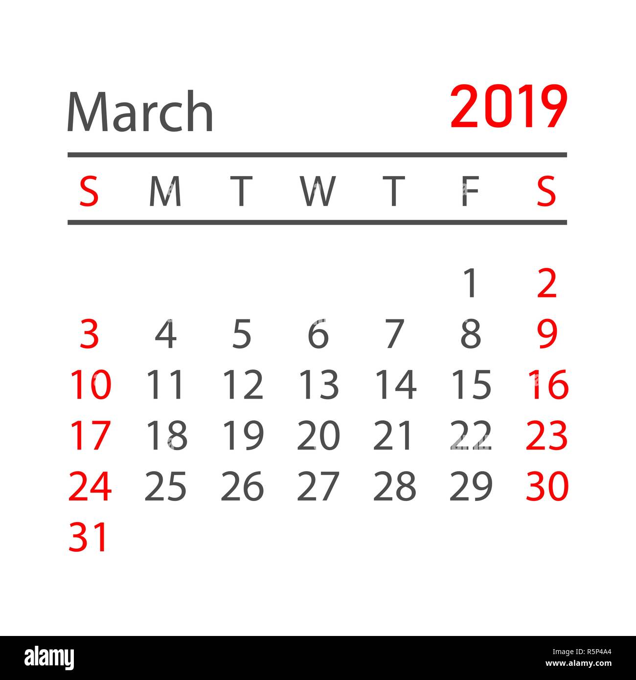 Calendar march 2019 year in simple style. Calendar planner design template.  Agenda march monthly reminder. Business vector illustration Stock Vector  Image & Art - Alamy