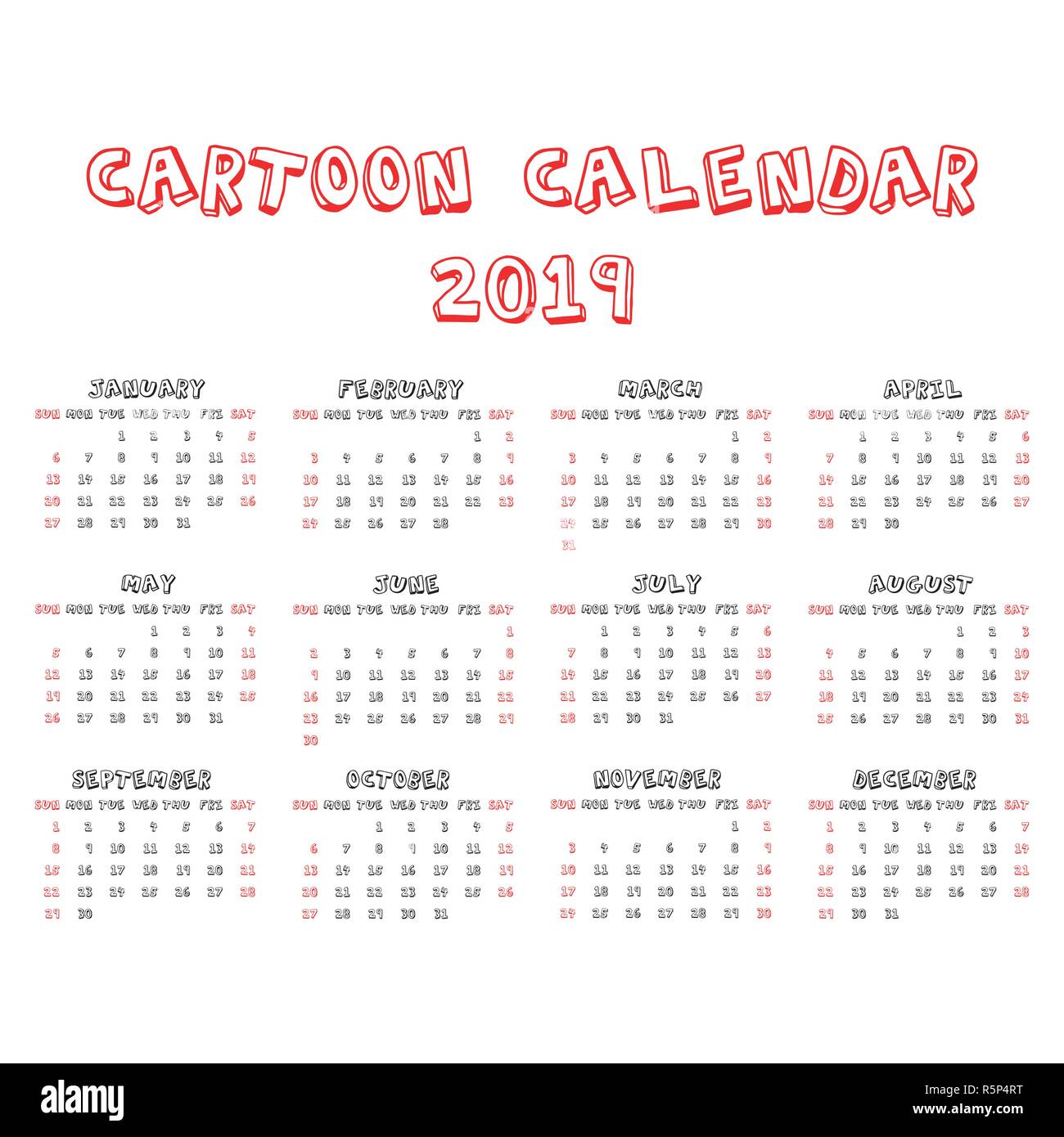 Calendar 2019 year in cartoon child style. Calendar planner design ...